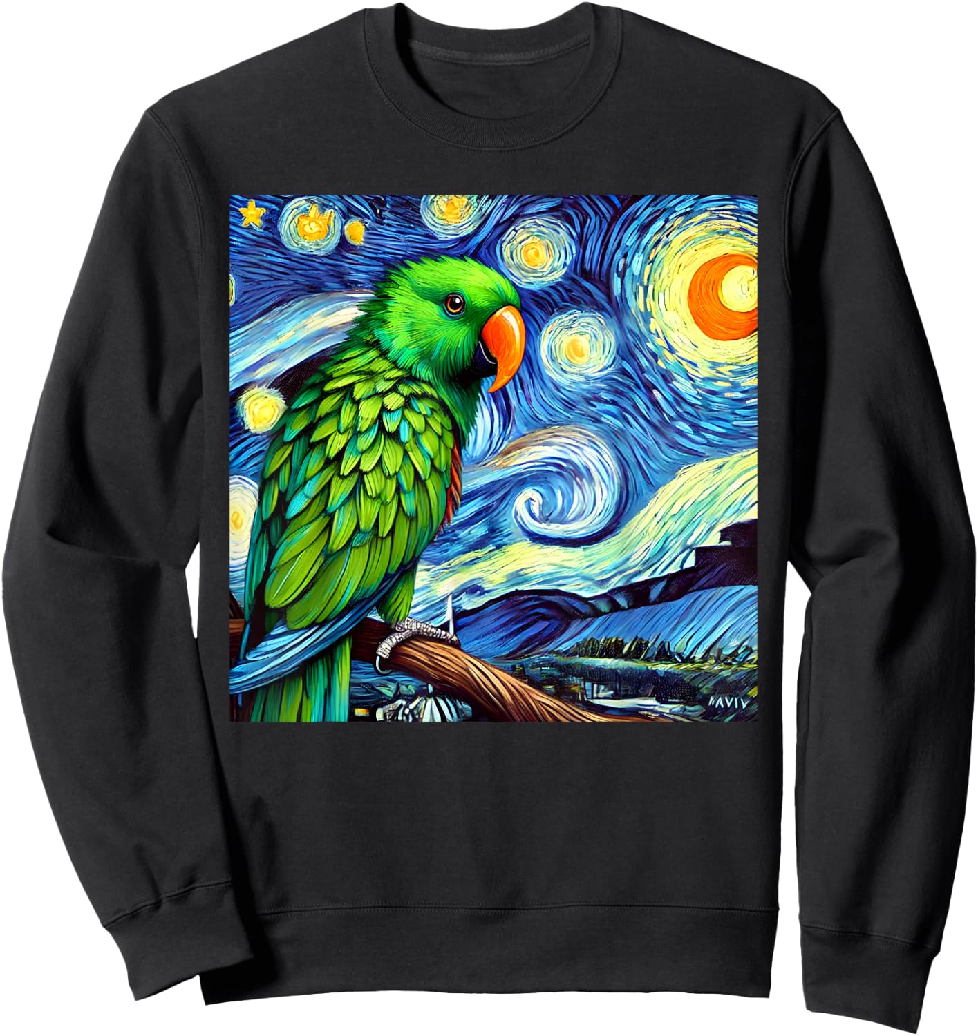 Green Eclectus Parrot Bird Starry Night Sky Art Van Gogh Sweatshirt - Sweatshirt | Black