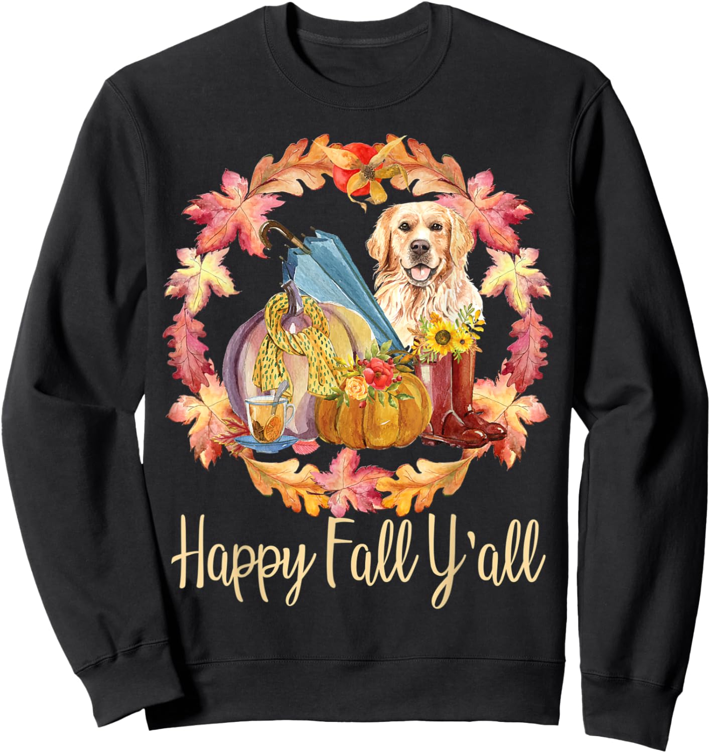 Cute Autumn Fall Dog Lover Golden Retriever Happy Fall Y'all Sweatshirt - Sweatshirt | Black