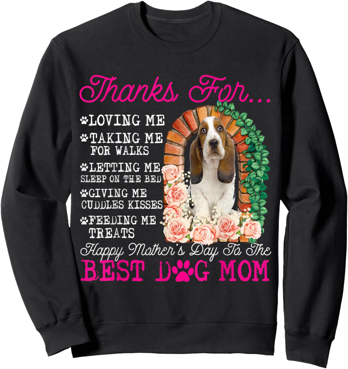 Funny Happy Mother's Day Best Dog Mom Cute Basset Hound Dog Men Women Kids Sweatshirt - Sweatshirt | Black