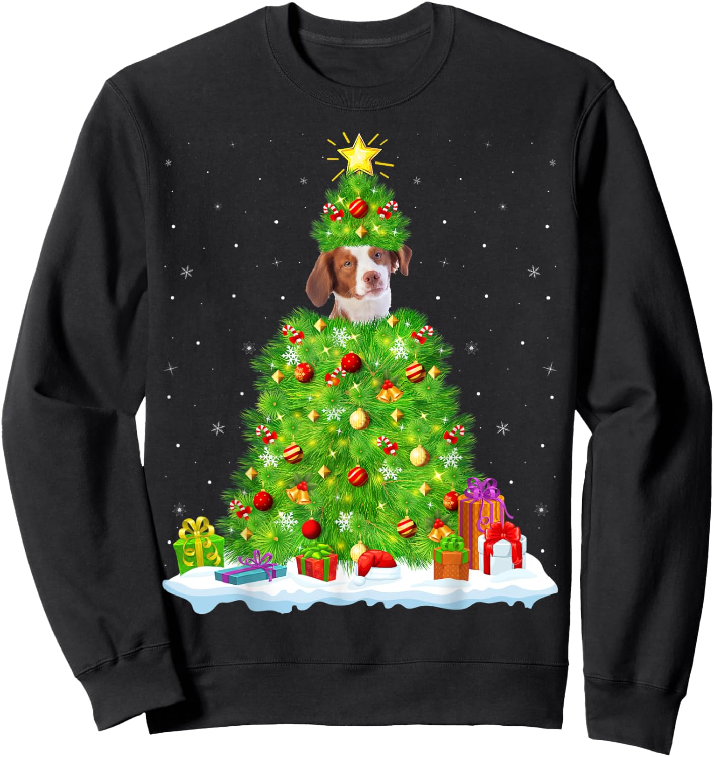Xmas Lighting Matching Funny Brittany Spaniel Christmas Tree Sweatshirt - Sweatshirt | Black