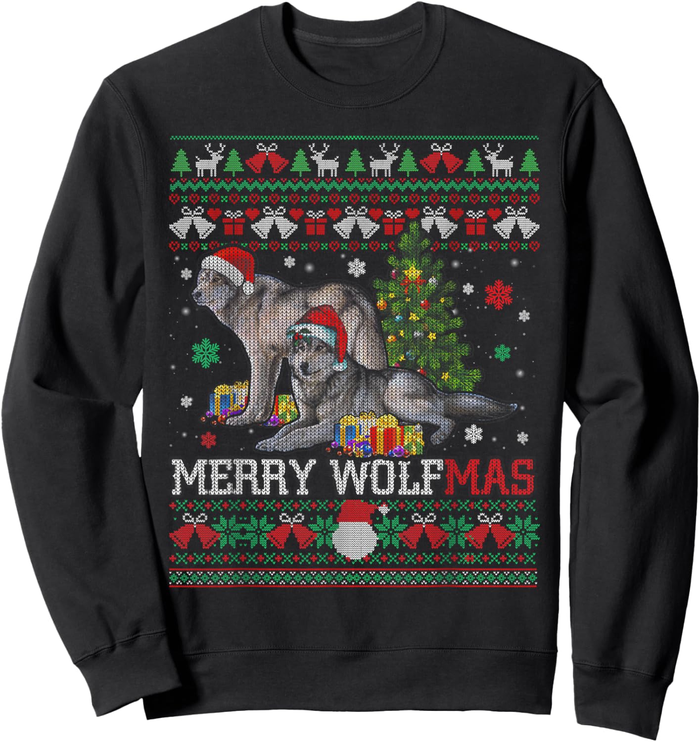 Merry Wolfmas Merry Christmas Wolf Ugly Sweater Sweatshirt - Sweatshirt | Black