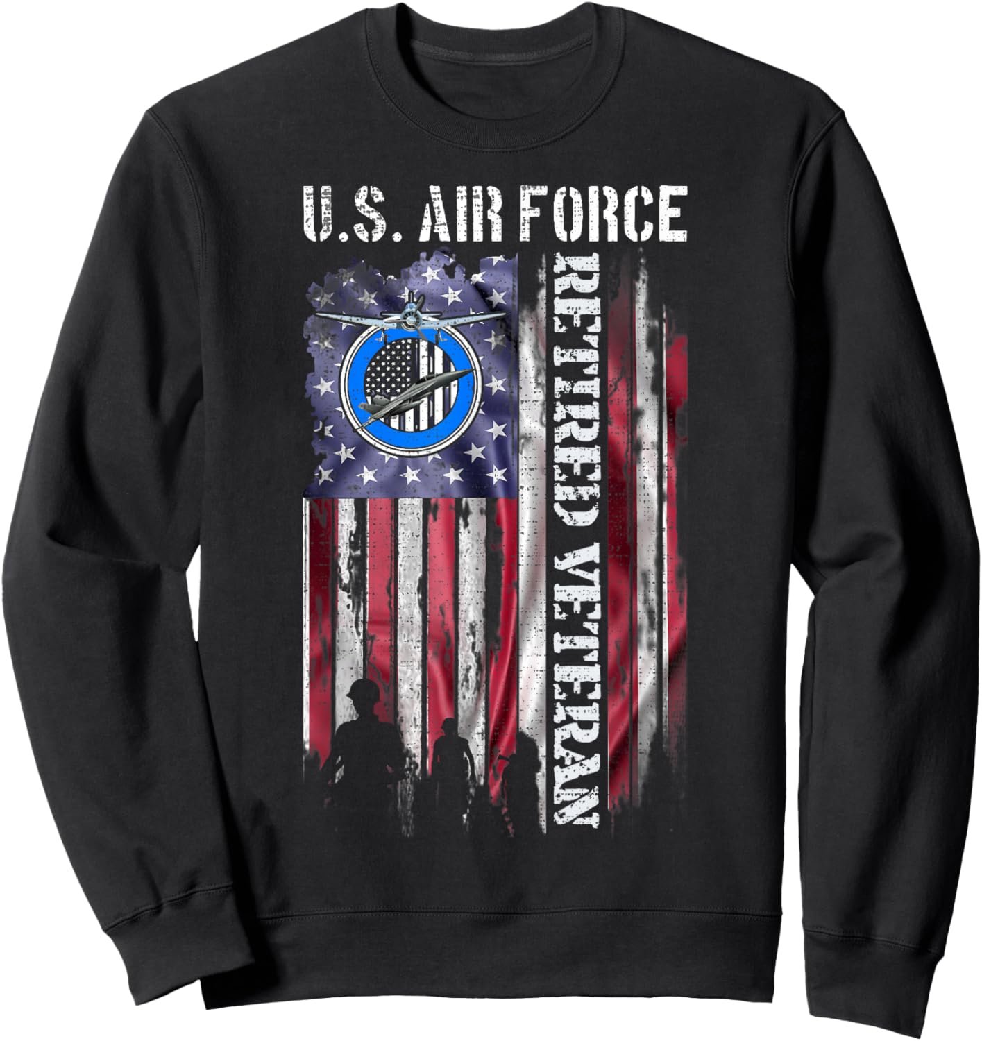 Vintage USA American Flag US Air Force Proud Retired Veteran Sweatshirt - Sweatshirt | Black