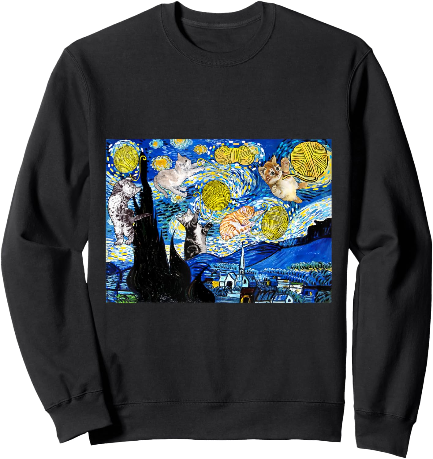 Cat Graphic, Starry Night Cat, Van Gogh Cat, Cat Lover Sweatshirt - Sweatshirt | Black