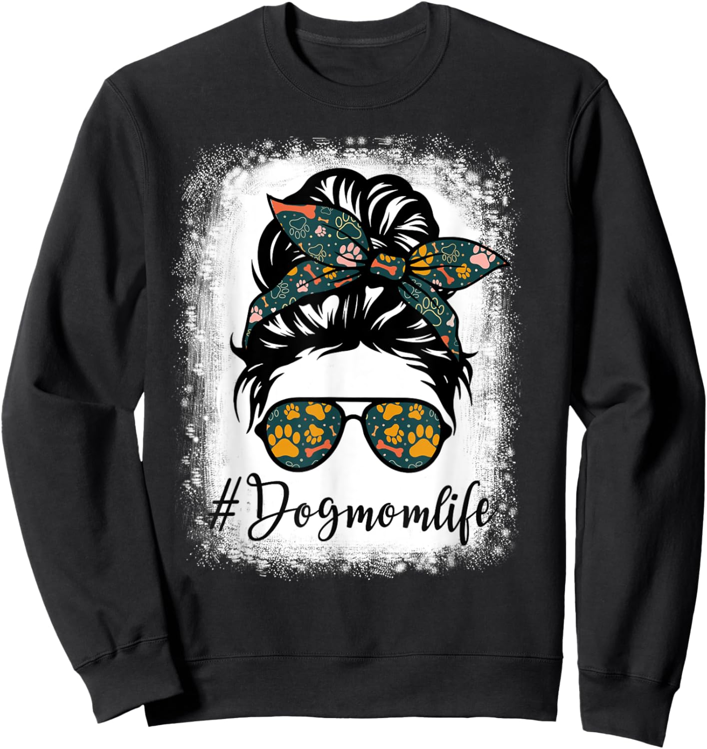 Vintage Women's Dog Mom Life Messy Bun Leopard Print Funny Animal Print - Black - Small Sweatshirt - Sweatshirt | Black