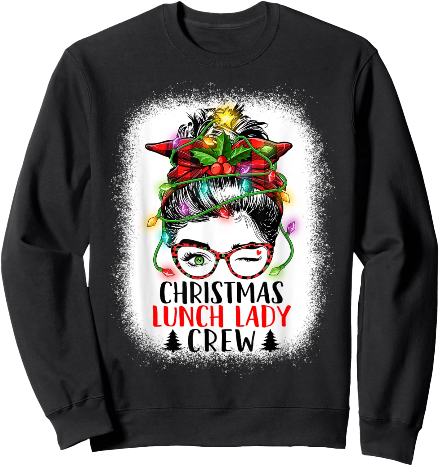 Christmas Lunch Lady Crew Messy Bun Women Christmas Lights Sweatshirt - Sweatshirt | Black