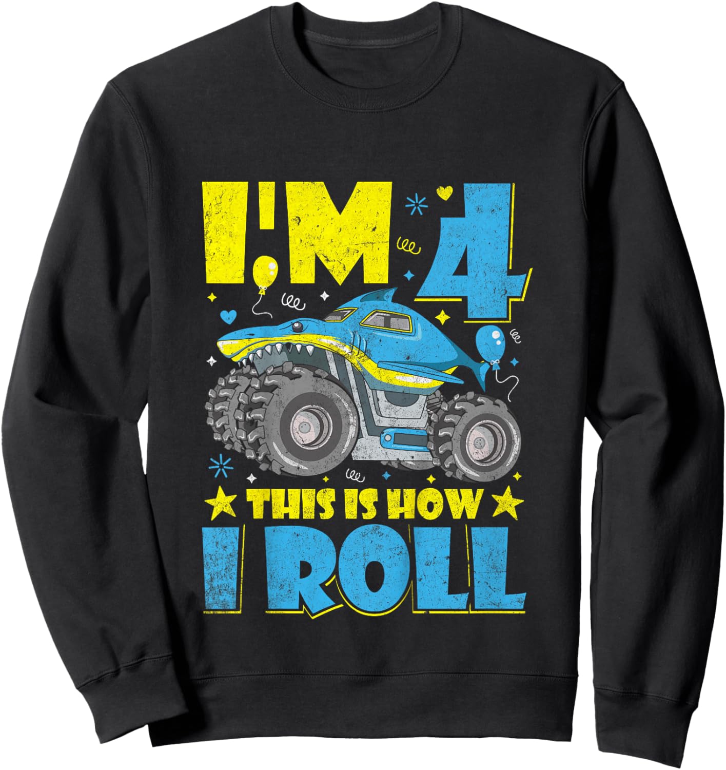 Monster Truck Shark 4th Birthday Boys and Girls Novelty Sweatshirt - Sweatshirt | Black