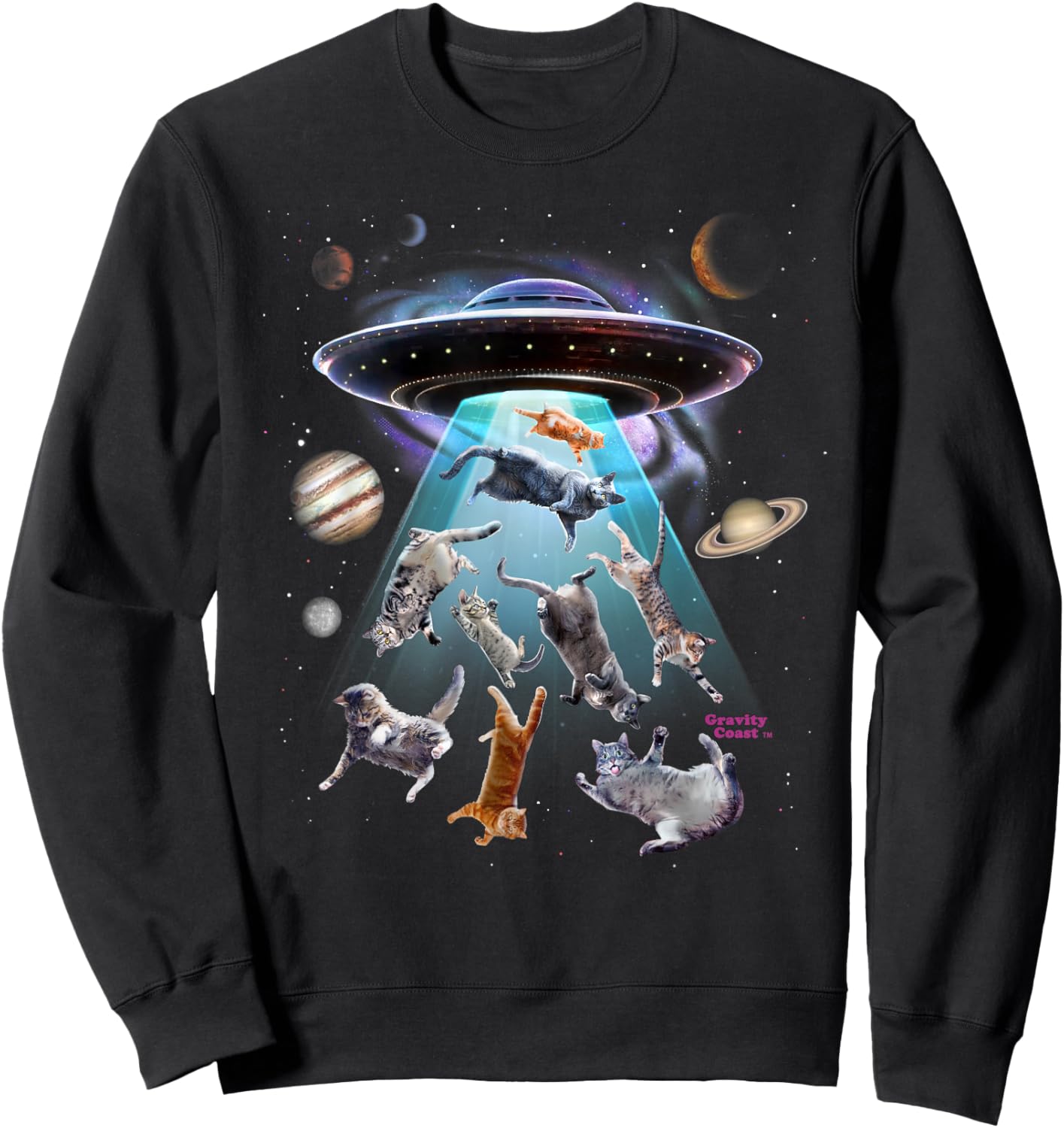 Aliens Abducting Cats Cat Kittens UFO Saucer Cat Lover Gifts Sweatshirt - Sweatshirt | Black