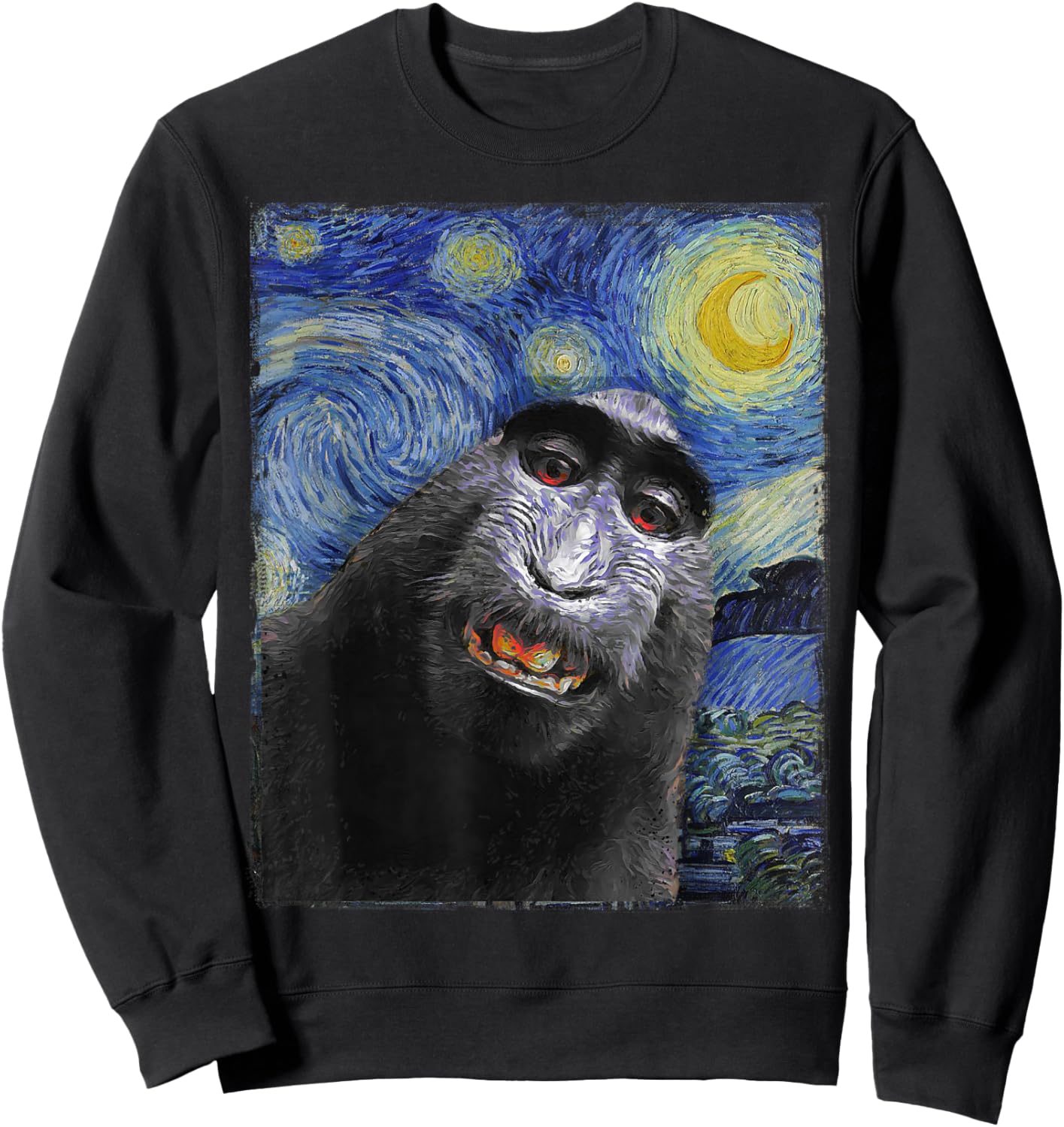 Funny monkey selfie Van Gogh Starry night Funny Art Painting Sweatshirt - Sweatshirt | Black