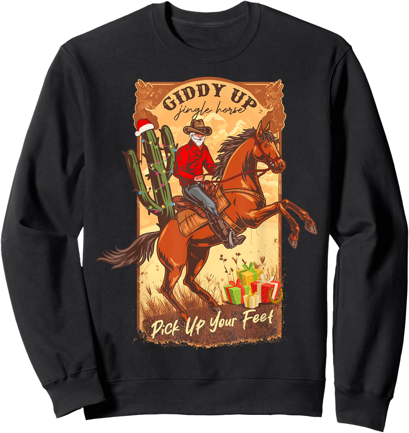 Giddy Up Jingle Horse Pick Up Your Feet Retro Western Xmas Sweatshirt - Sweatshirt | Black