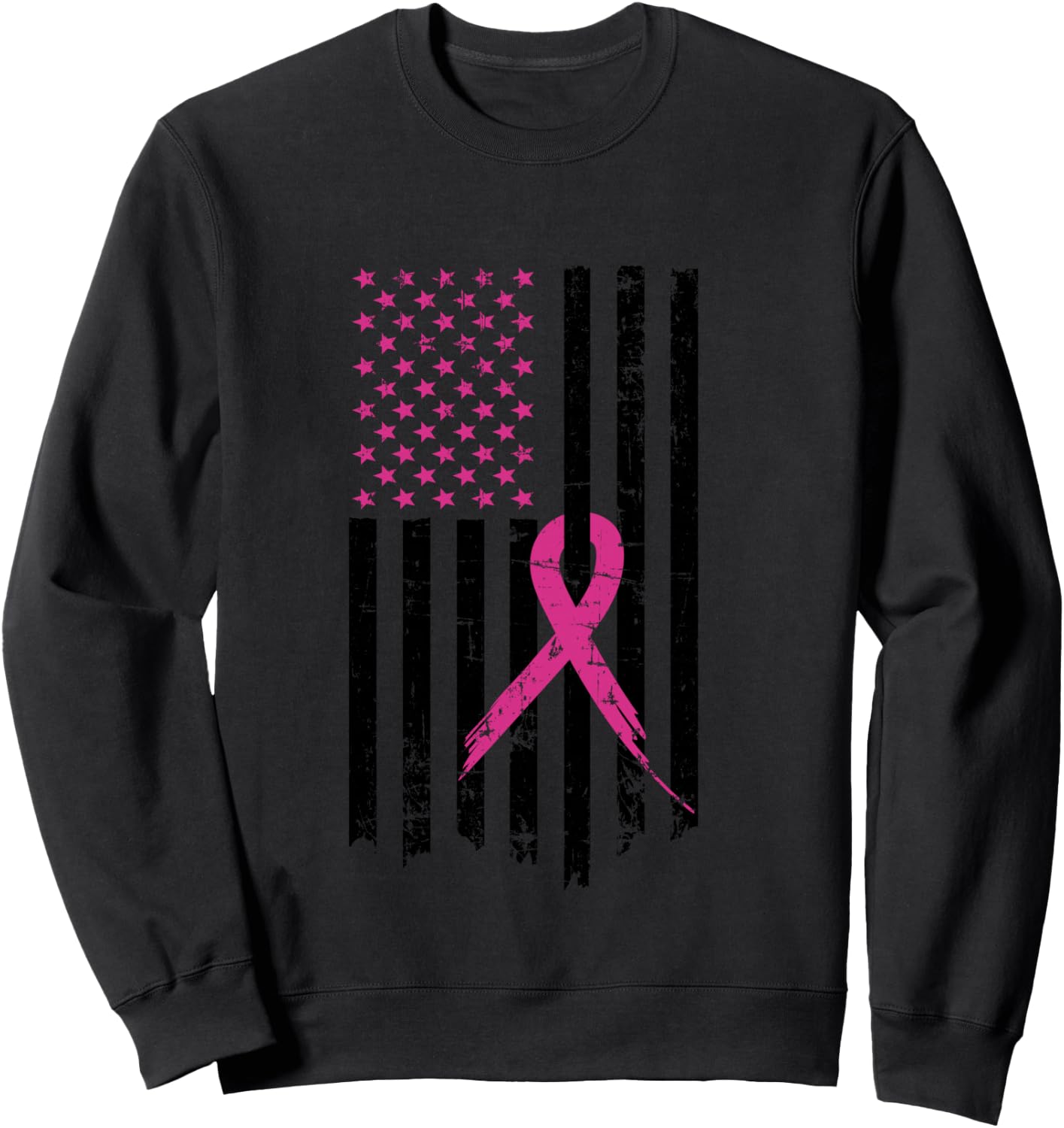 Breast Cancer Awareness Pink Ribbon American Flag Sweatshirt - Sweatshirt | Black