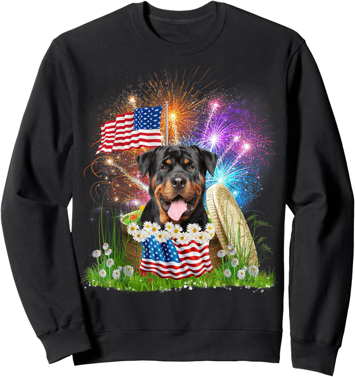 Rottweiler Patriotic American Flag Fireworks 4th Of July Sweatshirt - Sweatshirt | Black