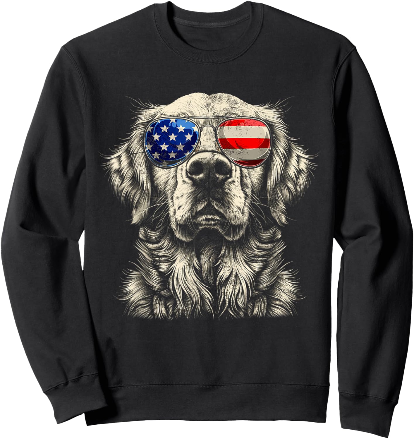 Vintage Art Golden Retrievers Dogs Wearing USA Flag Glasses Sweatshirt - Sweatshirt | Black