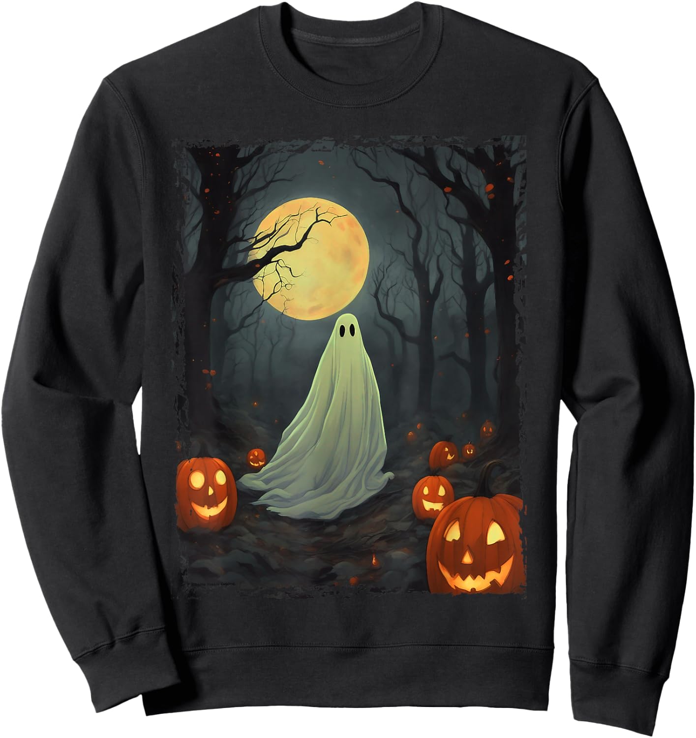 Vintage Ghost in Gothic Forest Full Moon Halloween Sweatshirt - Sweatshirt | Black