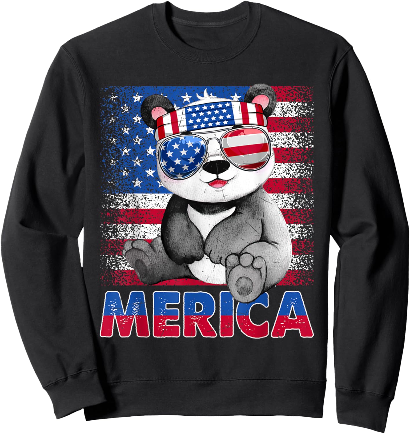 Funny Merica Panda Bear With USA Flag Headband 4th Of July Sweatshirt - Sweatshirt | Black