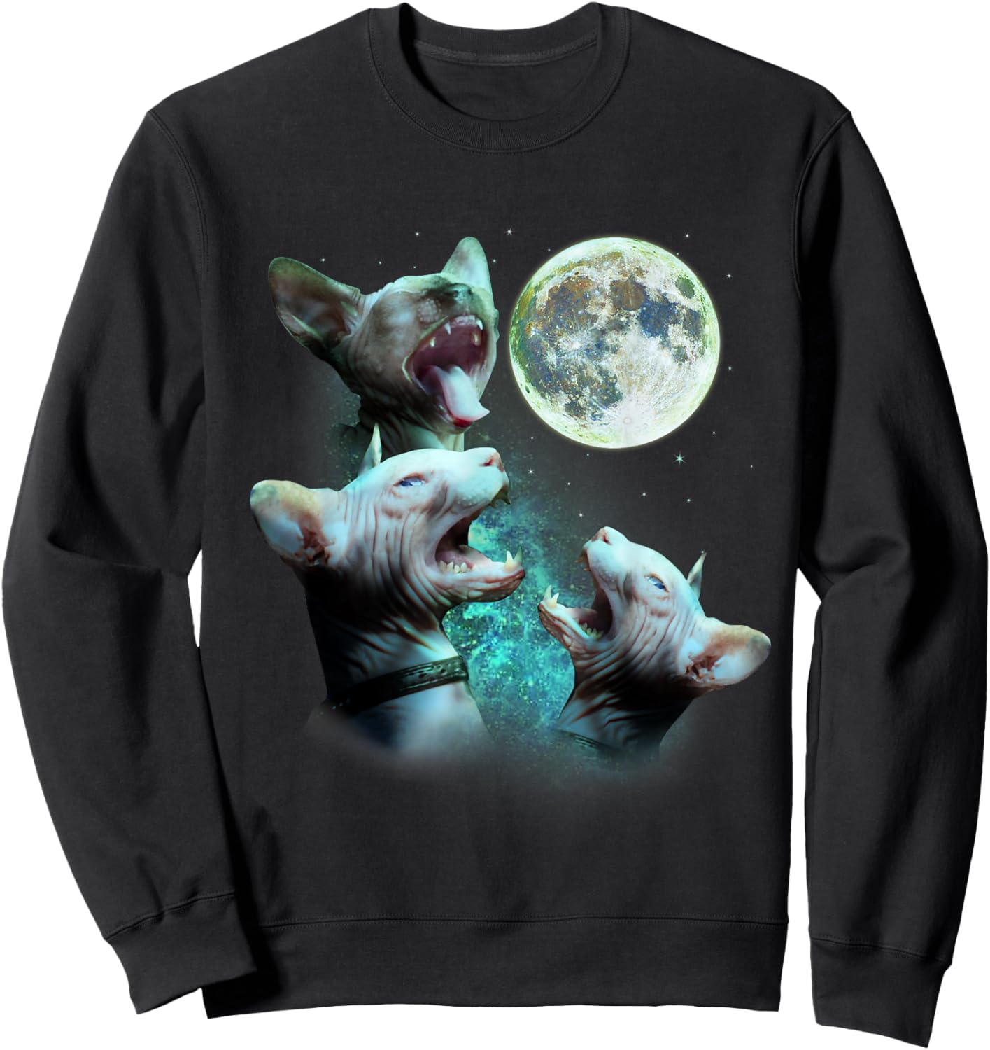 Three Hairless Sphynx Cats Howl At Moon 3 Wolfs Funny Parody Sweatshirt - Sweatshirt | Black