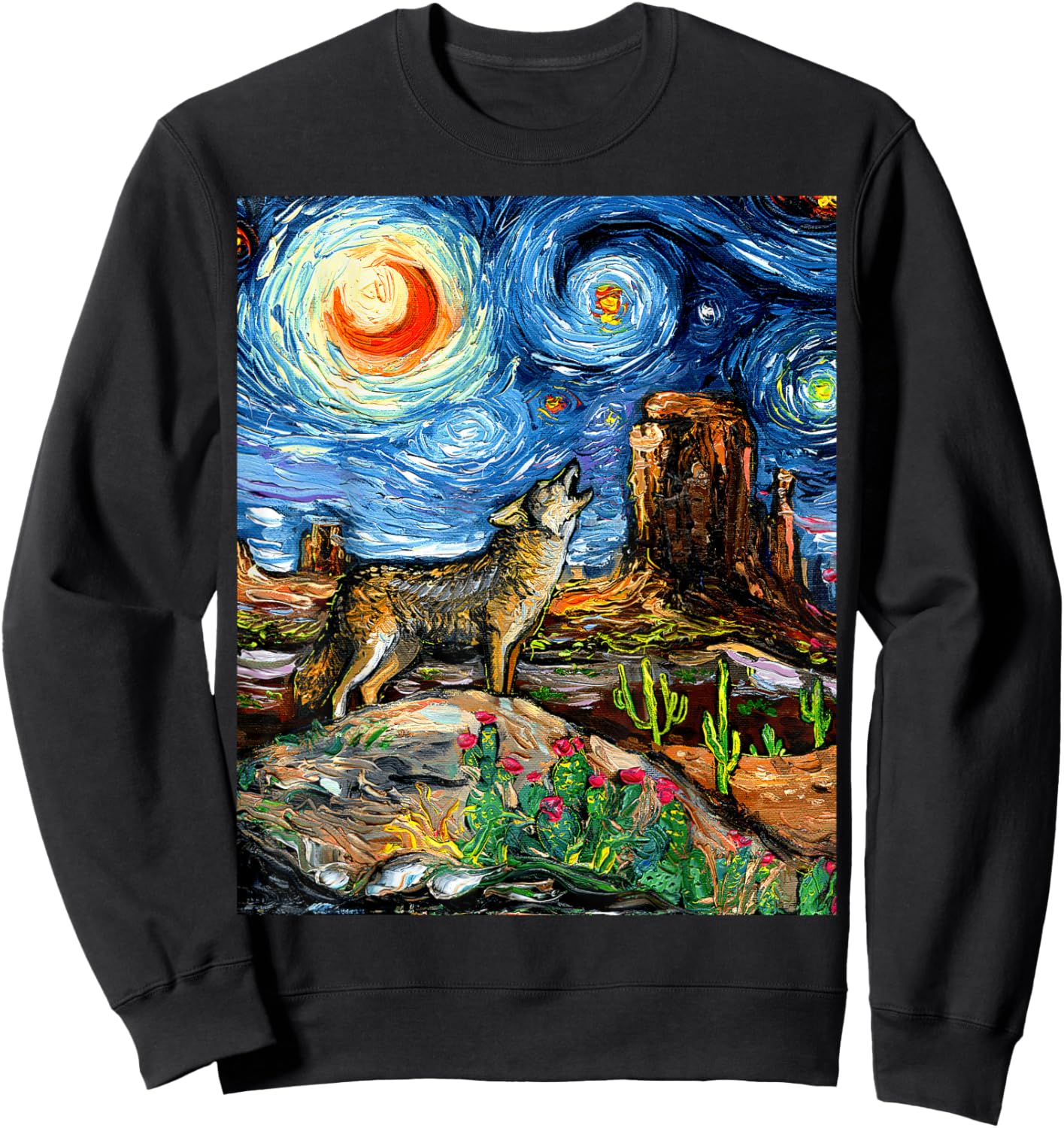 Coyote in the Southwestern Desert Starry Night Art by Aja Sweatshirt - Sweatshirt | Black