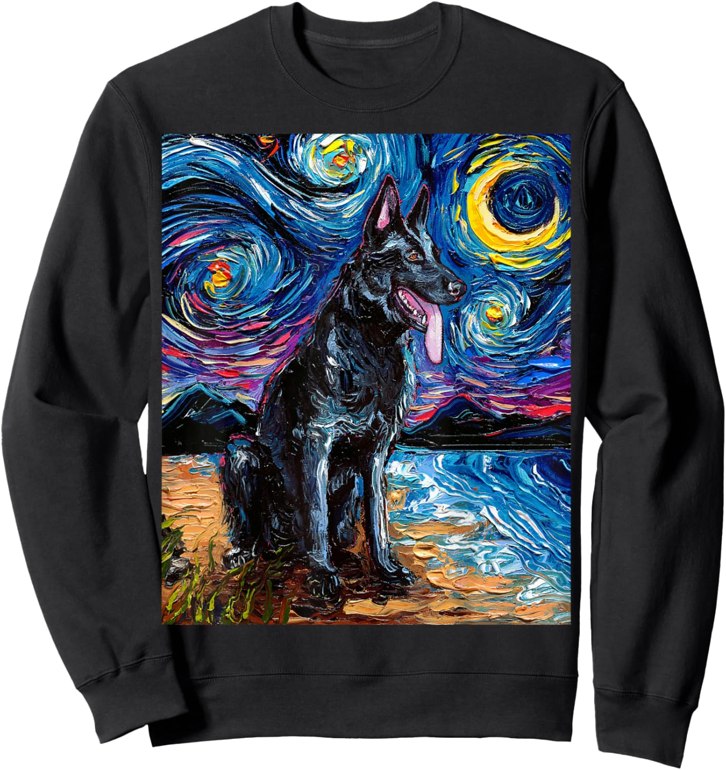 Black German Shepherd Starry Night Dog and Moon GSD Artwork Sweatshirt - Sweatshirt | Black