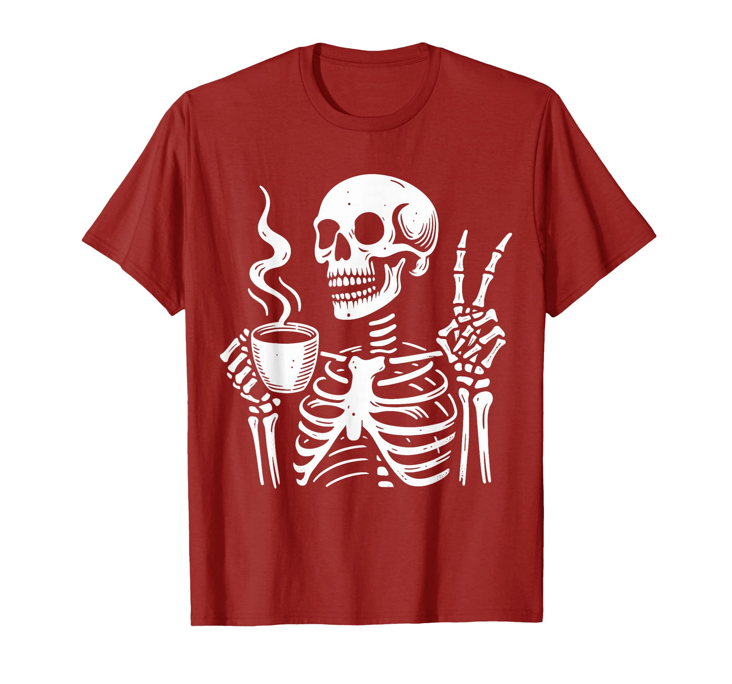 Skeleton Drinking Coffee Gothic Peace Sign Halloween Hippie T-Shirt
