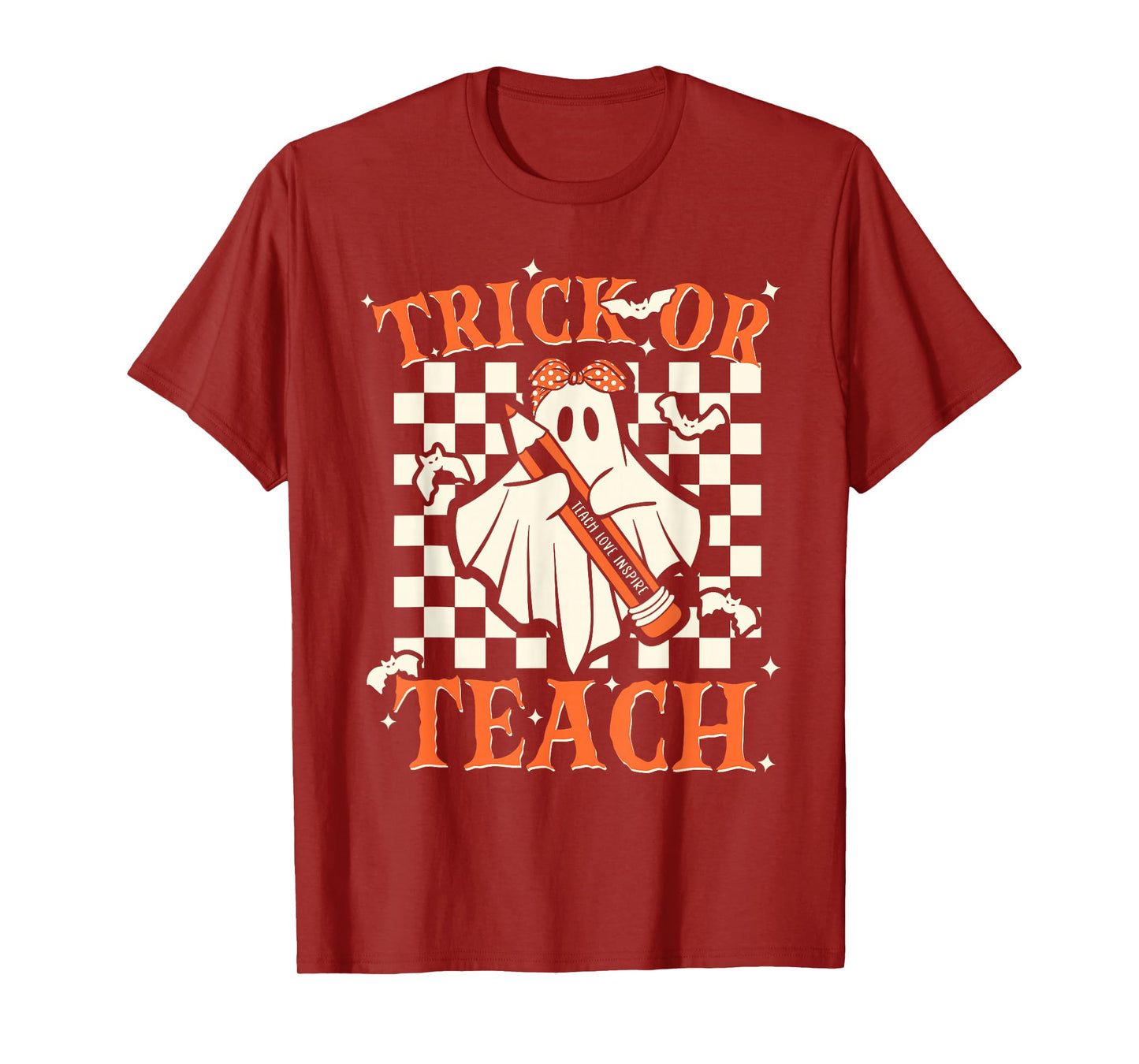 Trick Or Teach Groovy Teacher Halloween Retro Floral Ghost T-Shirt