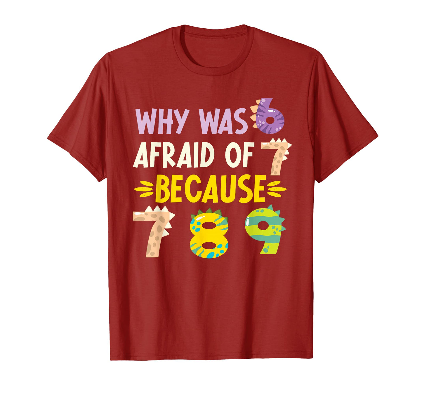 Why was 6 Afraid of 7 Funny Number Day Dinosaur Math Day T-Shirt