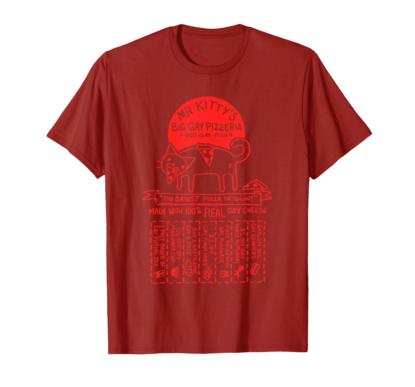 MR. KITTY'S BIG GAY PIZZERIA funny design T-Shirt