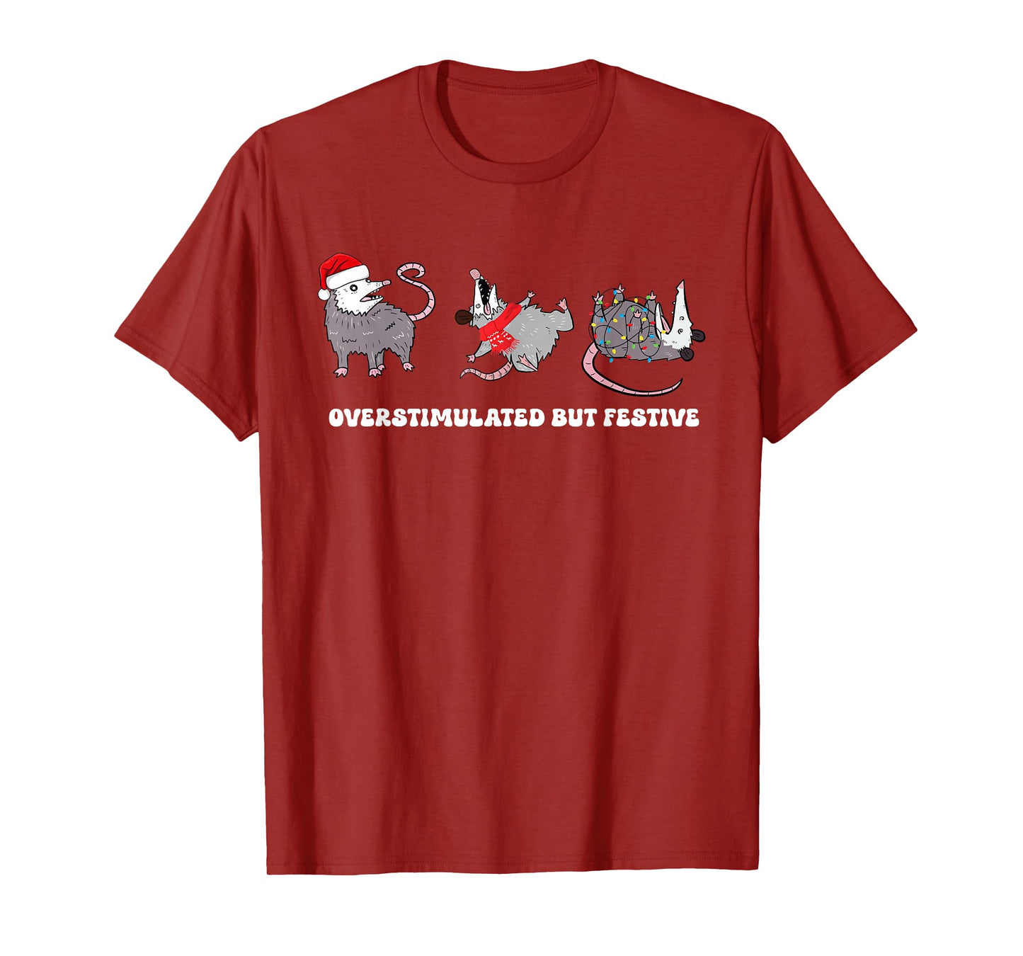 Funny Santa Opossums Overstimulated But Festive Xmas Lights T-Shirt