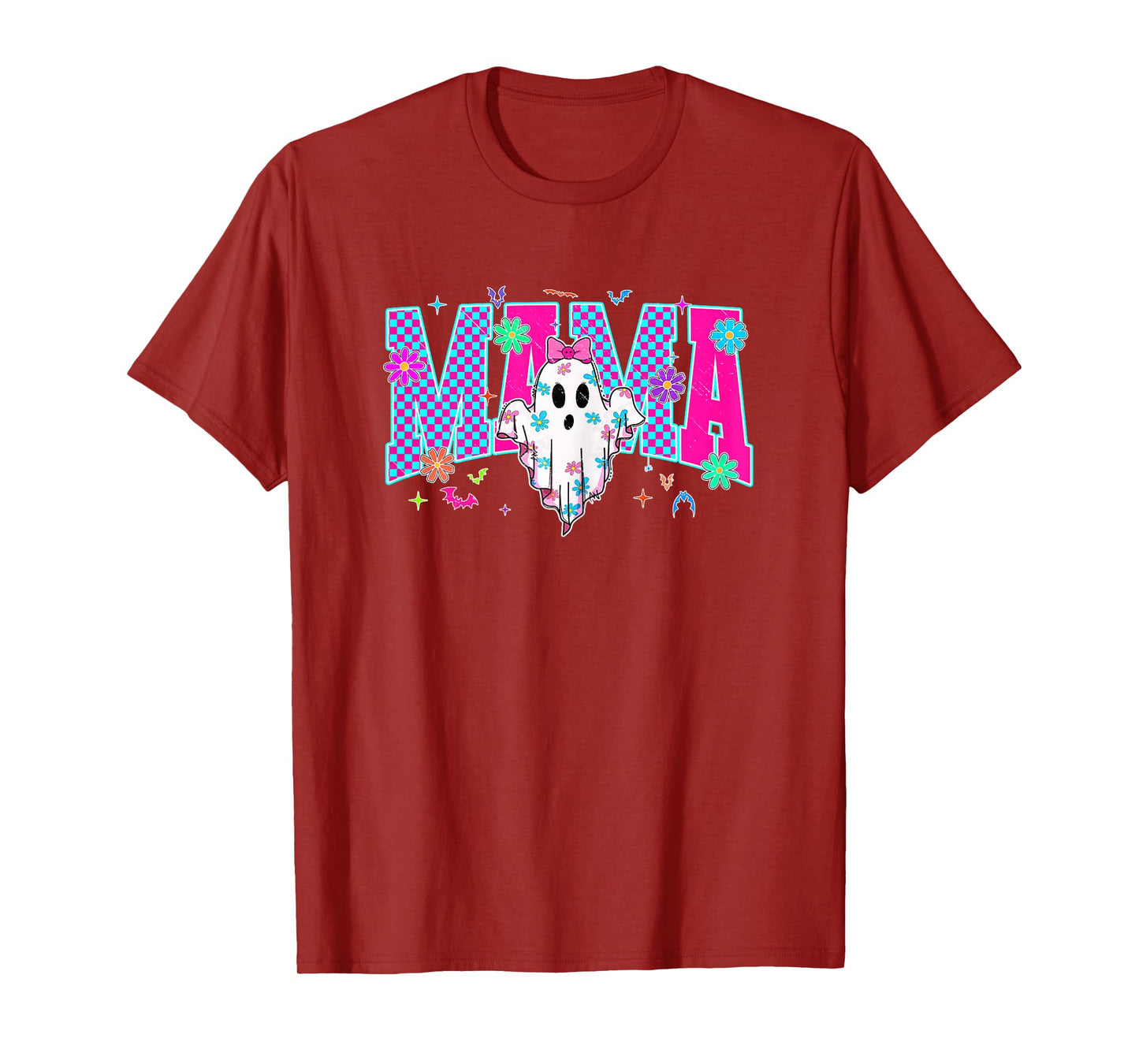 Neon Checkered Halloween Ghost Mama Costume Mommy Halloween T-Shirt