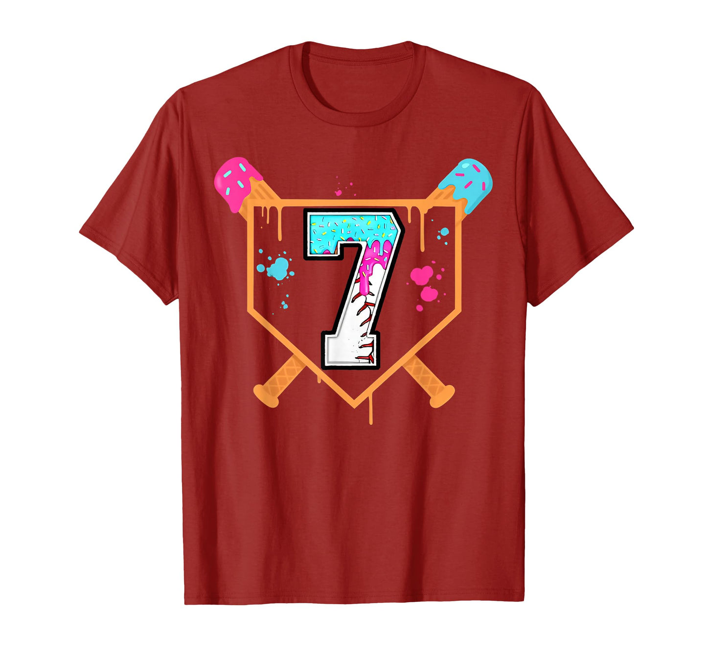 Baseball 7th Birthday Ice Cream Drip 7 Years Old Bday Boy T-Shirt
