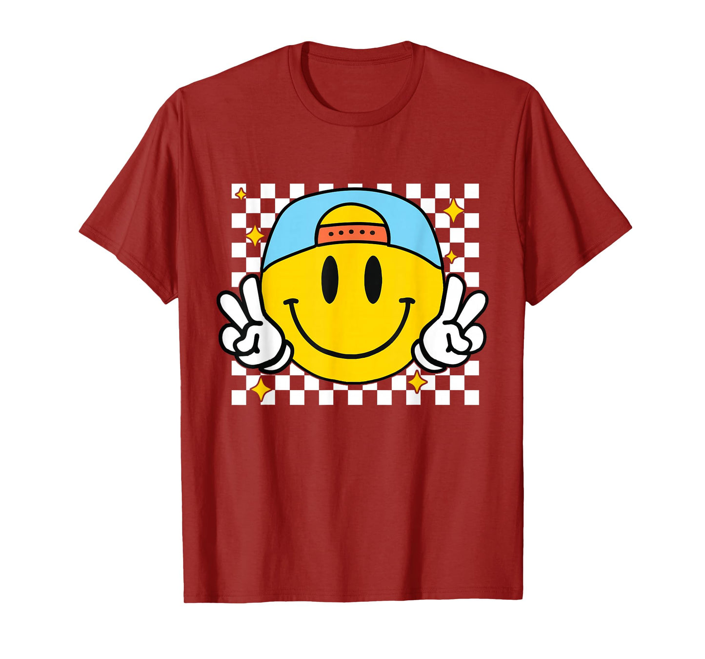 Yellow Smile Face Cute Checkered Peace Smiling Happy Face T-Shirt
