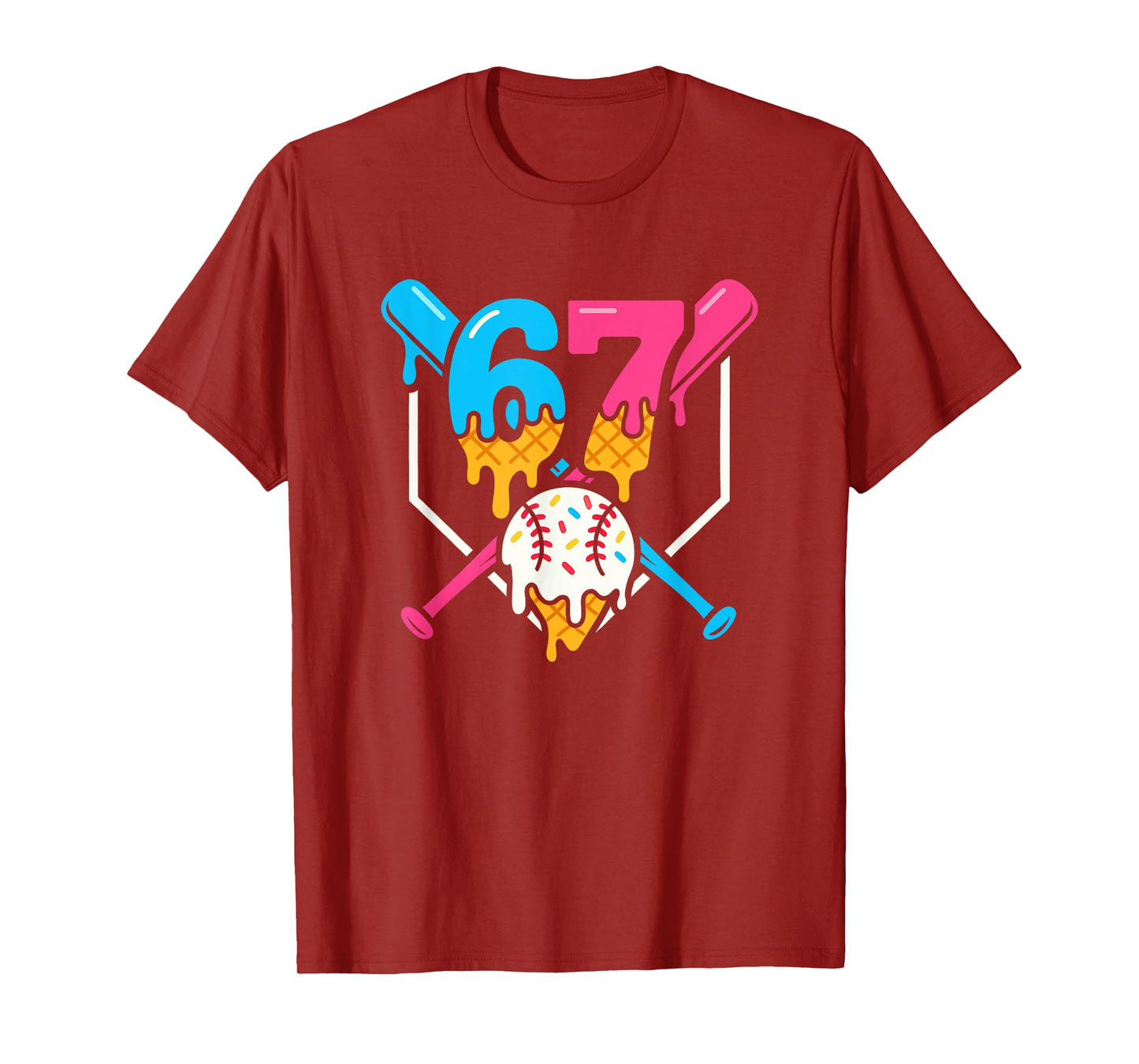 Six Seven Baseball Ice Cream Drip Cool 67 Gen Alpha Slang T-Shirt