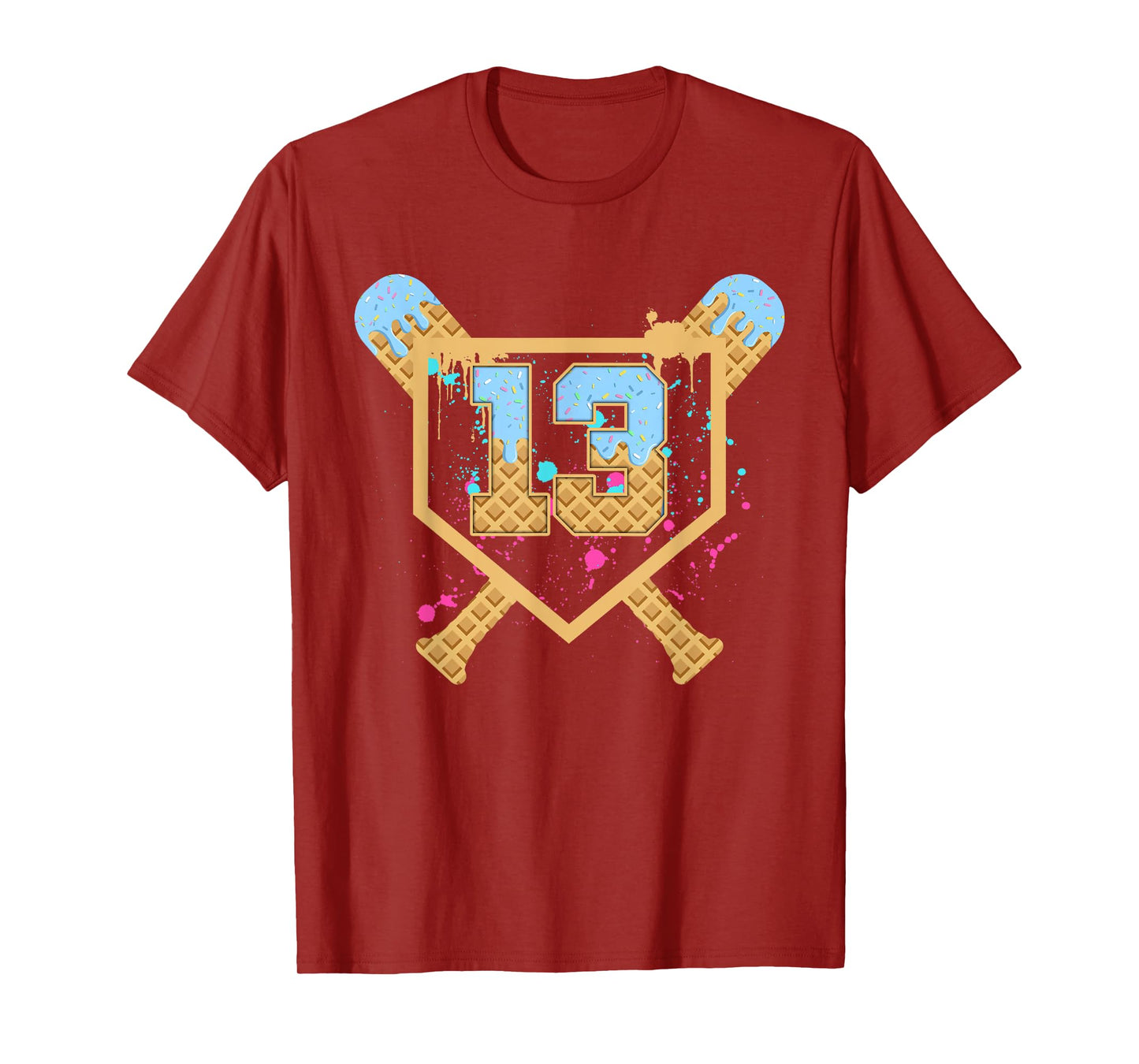 Baseball 13 Year Old Ice Cream Drip 13th Birthday Number 13 T-Shirt