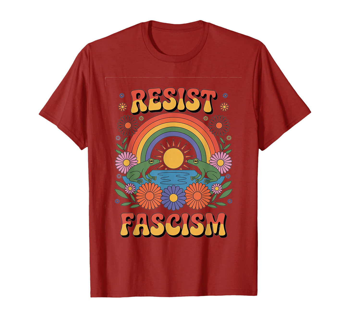 Frog Resist Fascism Retro Groovy Rainbow No Kings Hippie T-Shirt