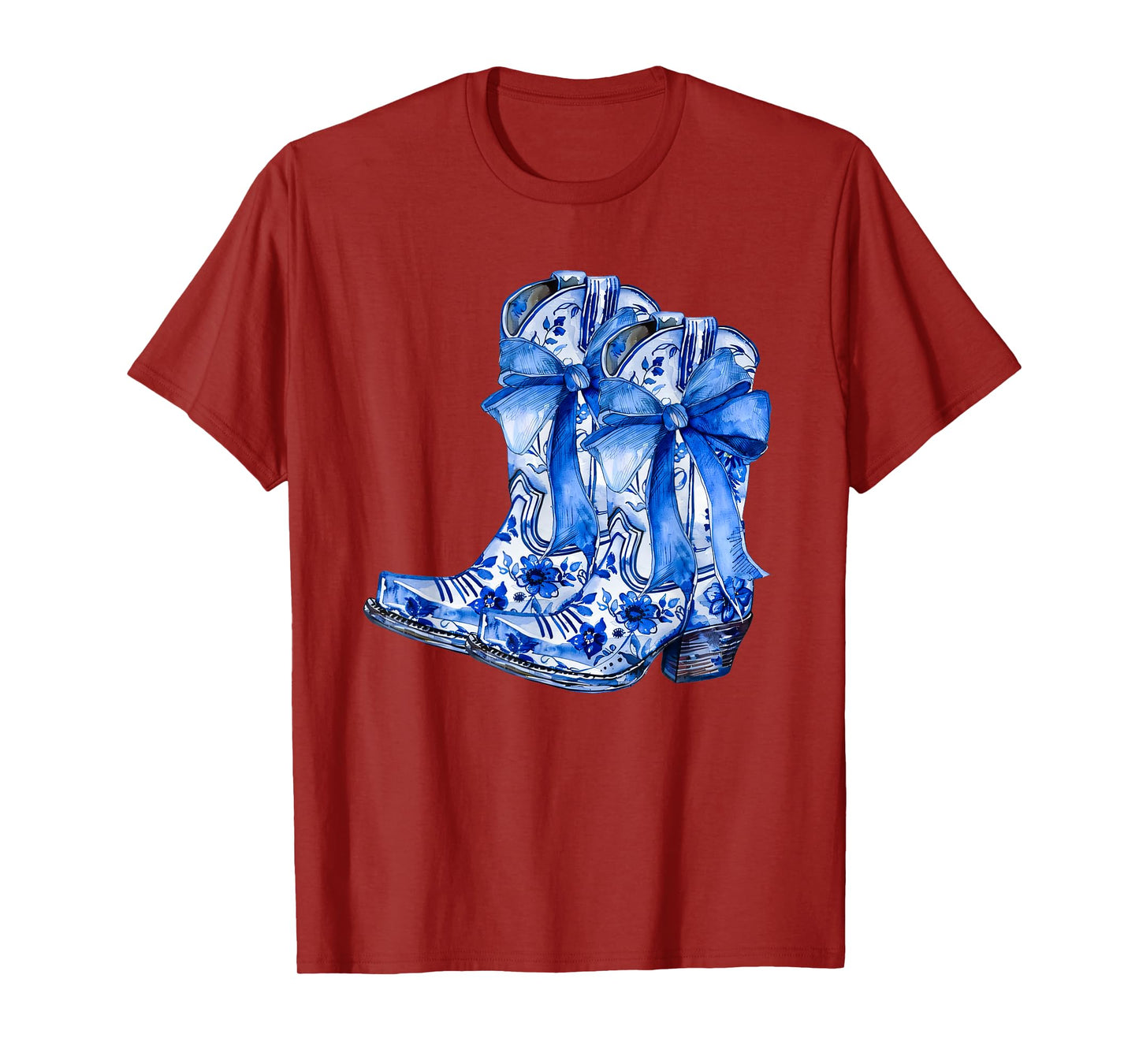 Boots Bow Coquette Coastal Cowgirl Blue Chinoiserie Floral T-Shirt