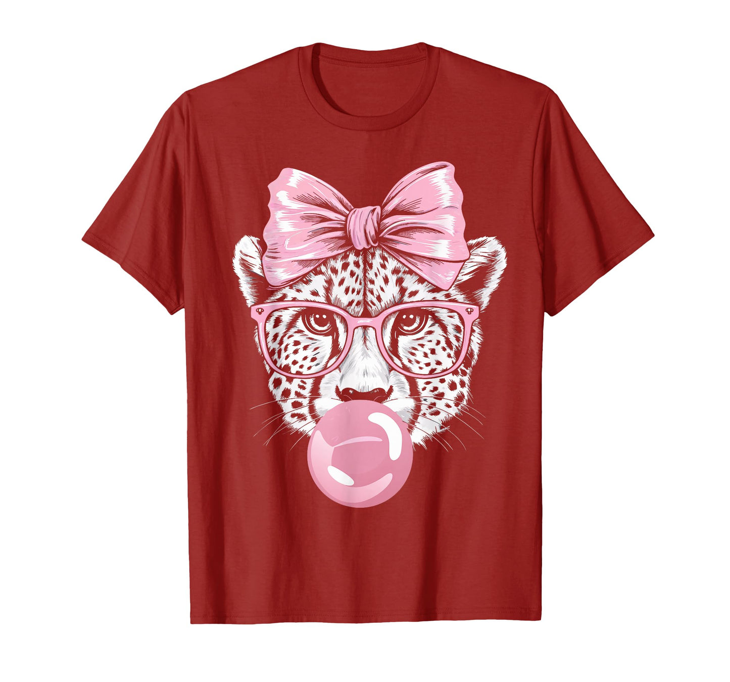Cheetah Wearing Glasses and Blowing Pink Bubble Gum T-Shirt