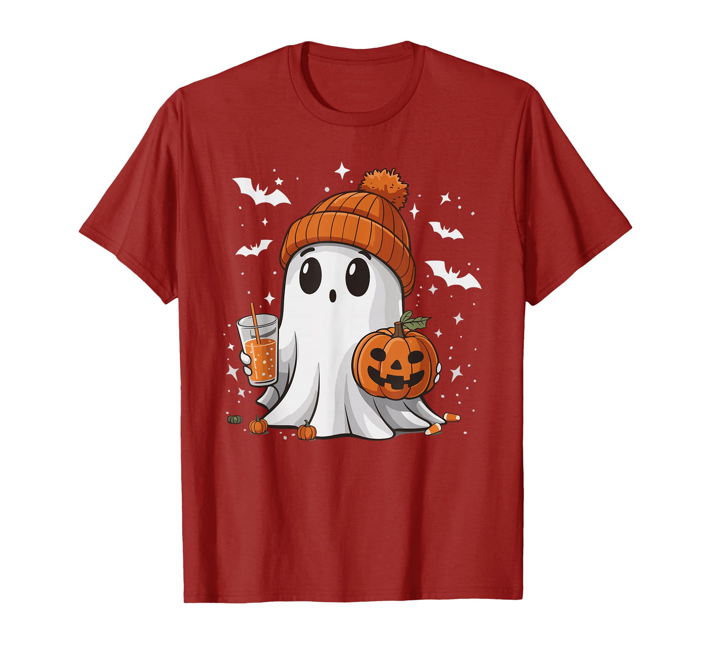 Cute Halloween Ghost with Pumpkin Spice Drink Spooky Season T-Shirt