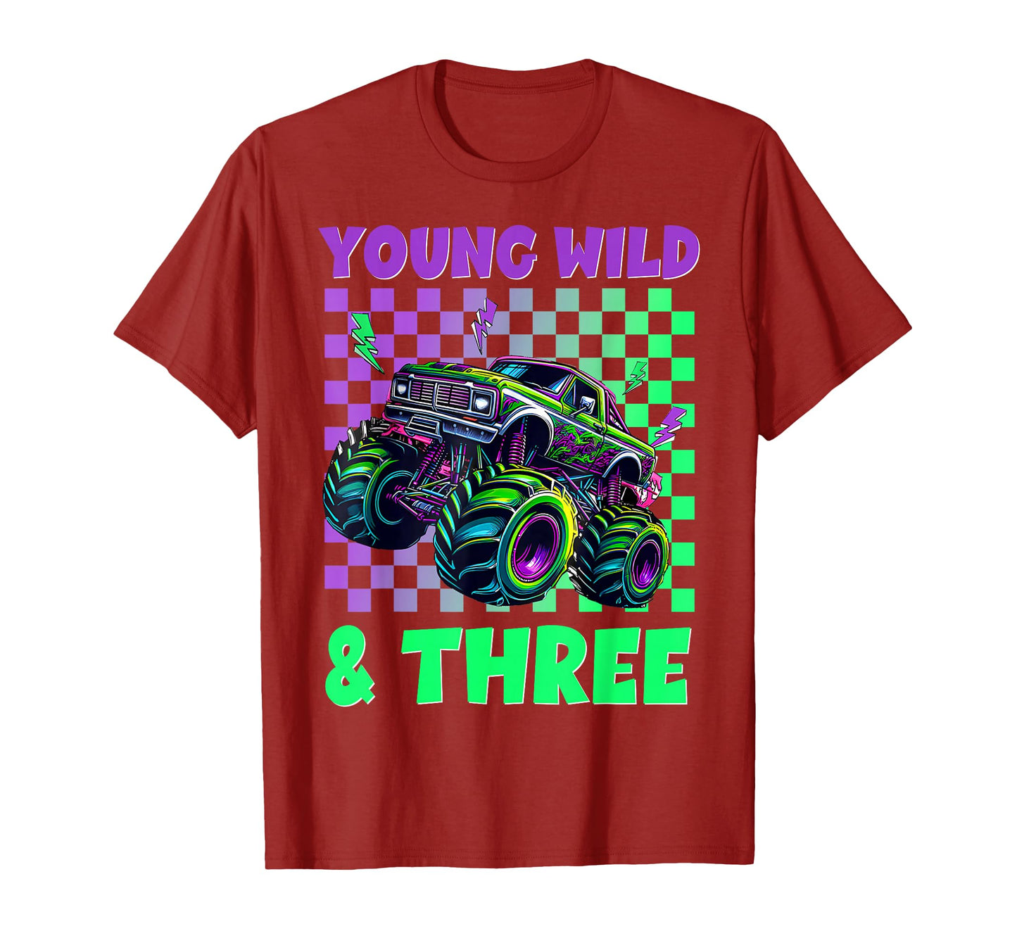 Kids 3rd Birthday Boy Monster Truck Young Wild And Three T-Shirt