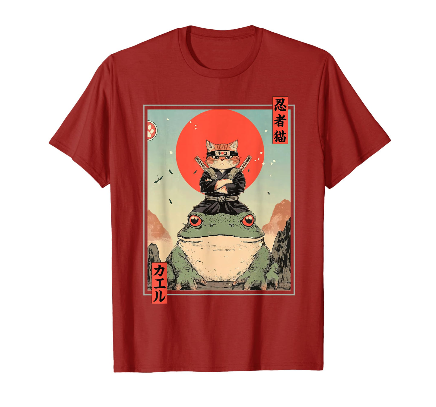 Japanese Ninja Cat and Frog Retro Anime Style Graphic T-Shirt