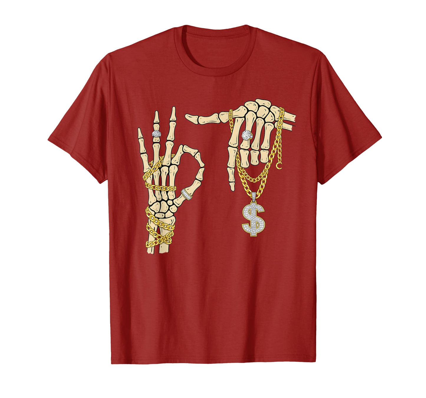 67 Six Seven Meme Novelty Skeleton Hand Bling Chain Rings T-Shirt