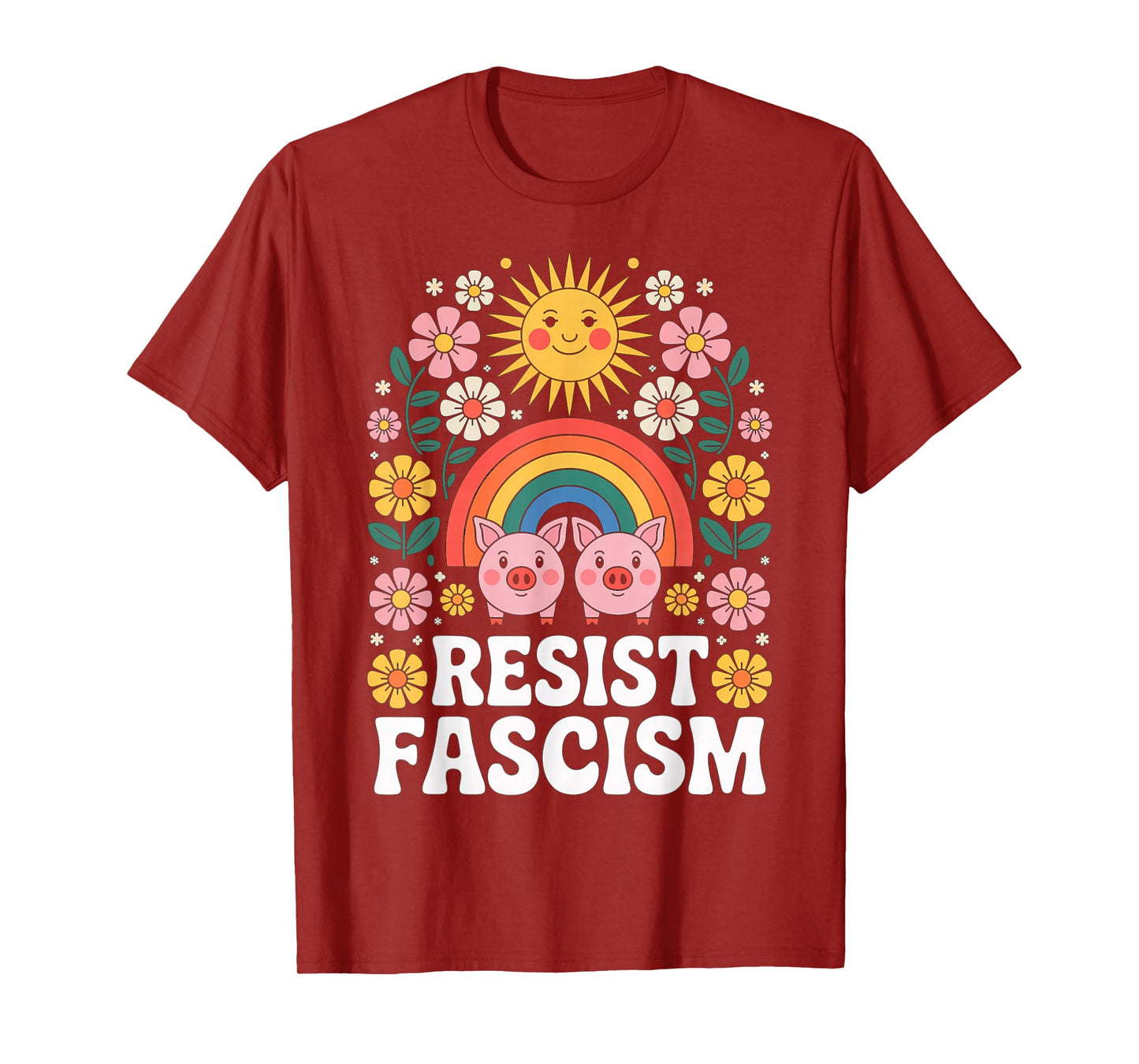 Pigs Resist Fascism Retro Groovy Rainbow No Kings Hippie T-Shirt