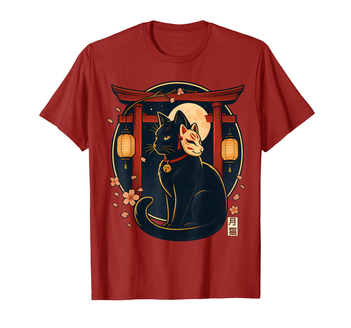 Kawaii Japanese Cat Kitsune Mask Torii Lantern Funny Cat T-Shirt