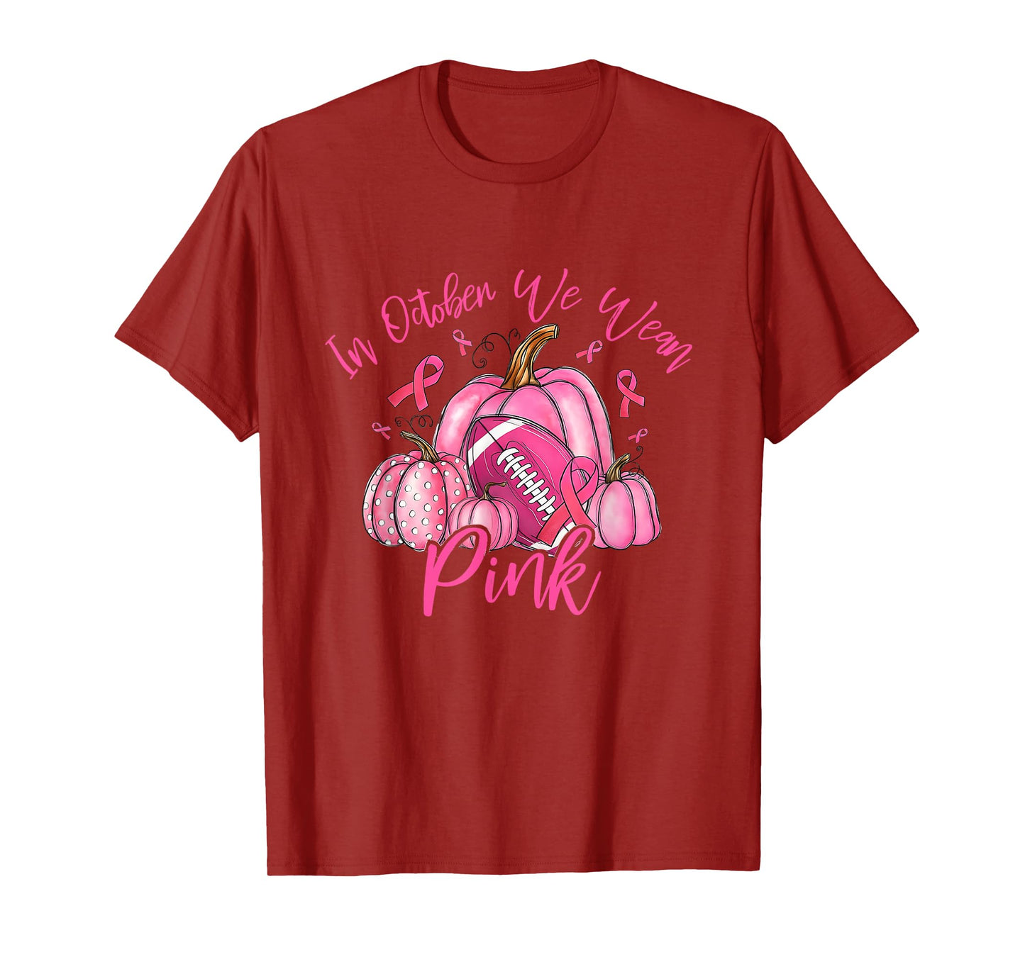 in October We Wear Pink Retro Pumpkin Football T-Shirt