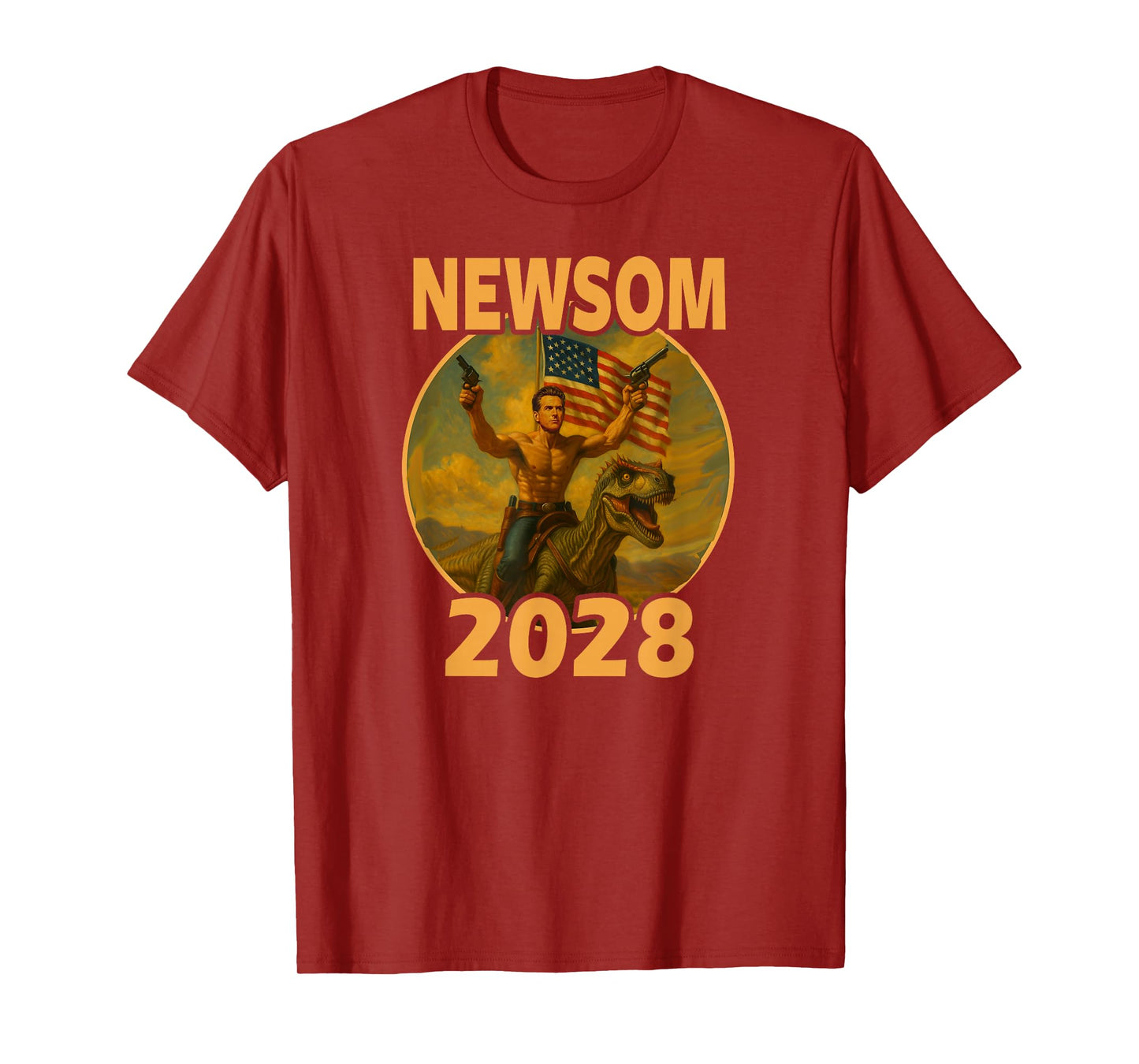 Gavin Newsom 2028 Bold Patriotic Leader Riding Dinosaur T-Shirt