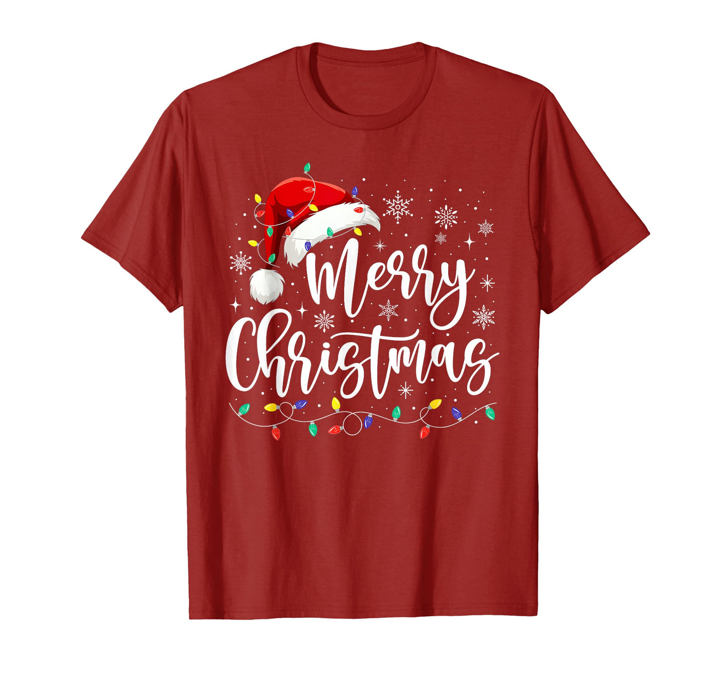 Merry Christmas Lights Red Santa Hat Xmas Family Men Women T-Shirt