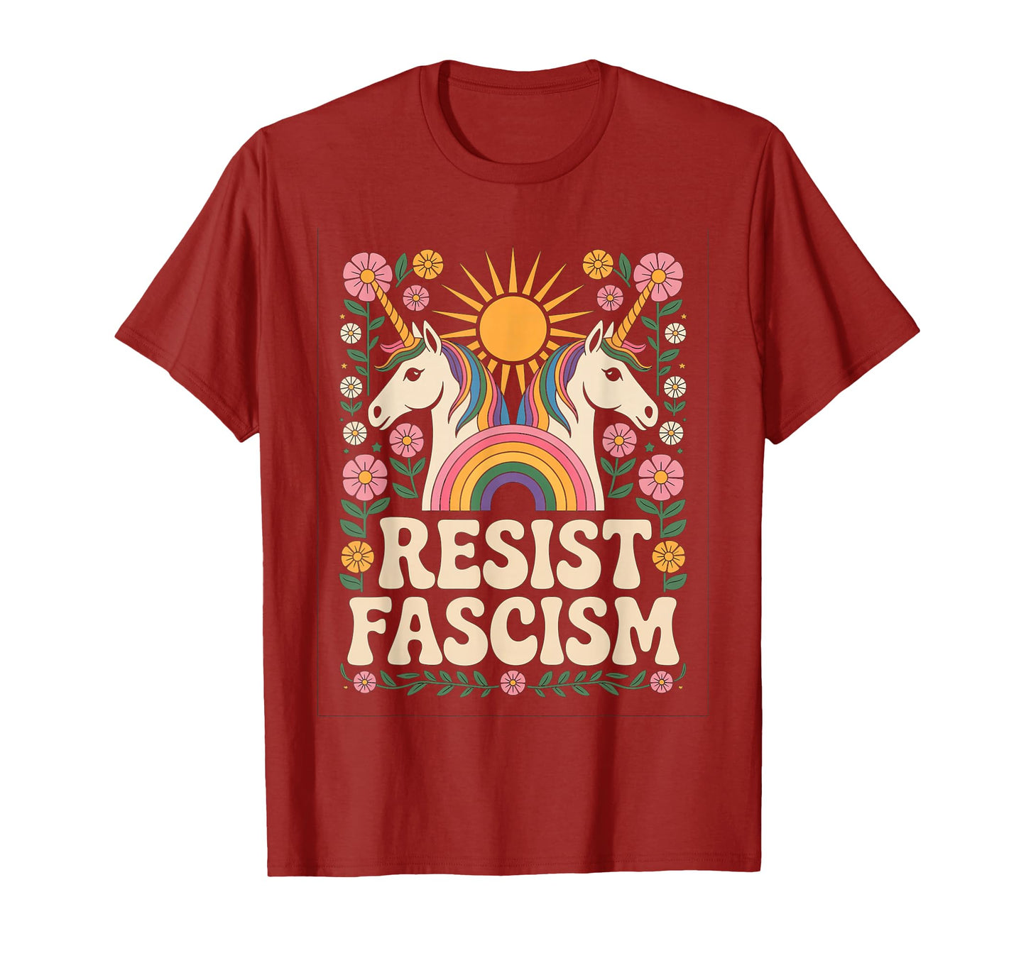 Unicorn Resist Fascism Retro Groovy Rainbow No Kings Hippie T-Shirt