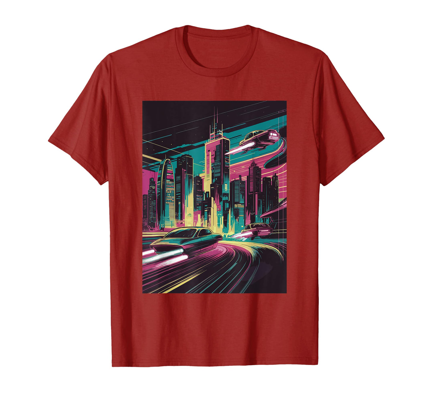 Retro Futuristic 80s sci-fi City with Flying Cars Cyberpunk T-Shirt