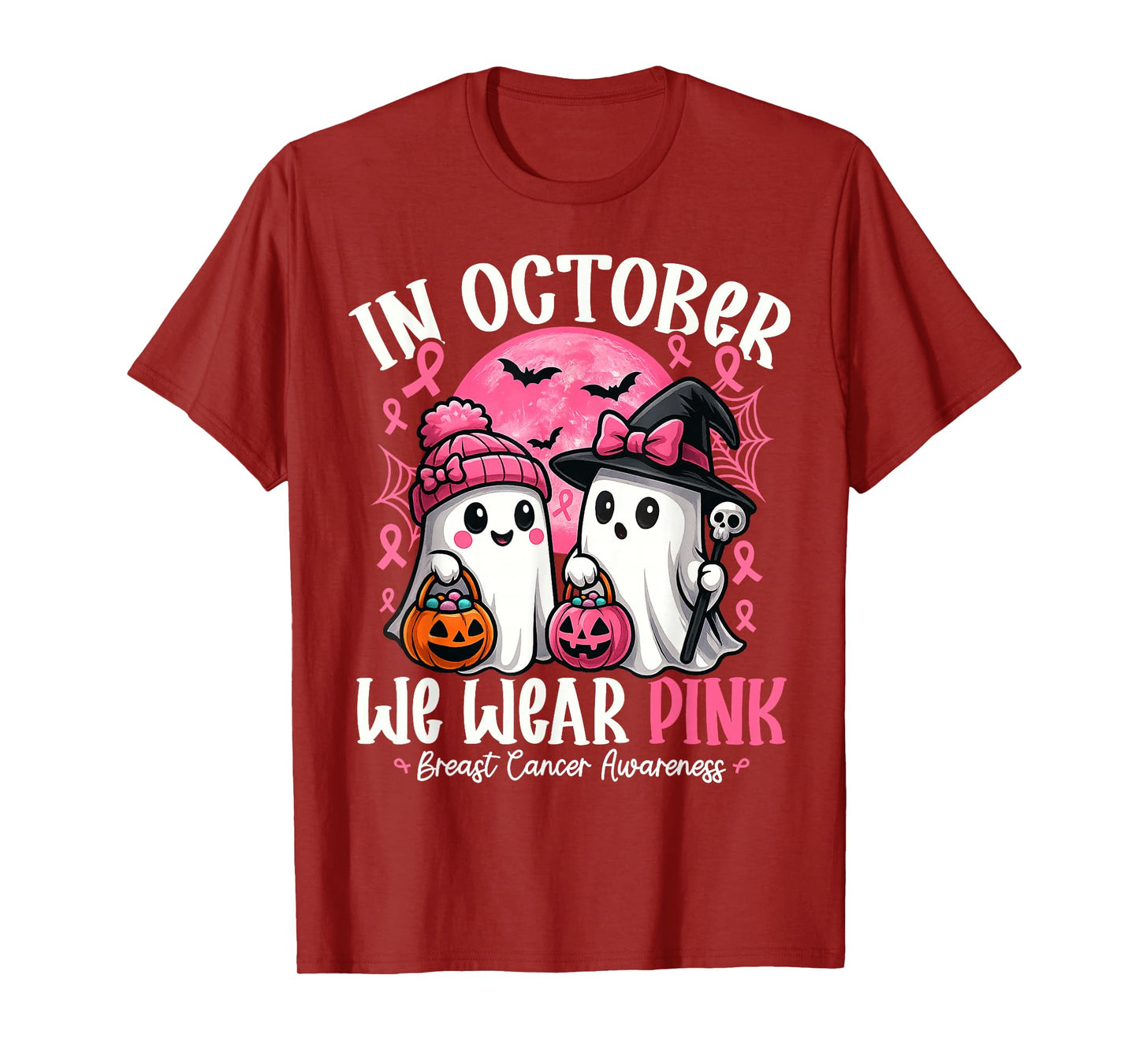 in October We Wear Pink Ghost Witch Breast Cancer Awareness T-Shirt