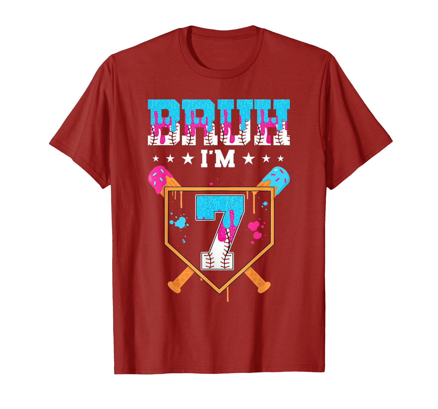 Bruh 7th Birthday Boy Baseball Ice Cream Drip 7 Year Old Boy T-Shirt