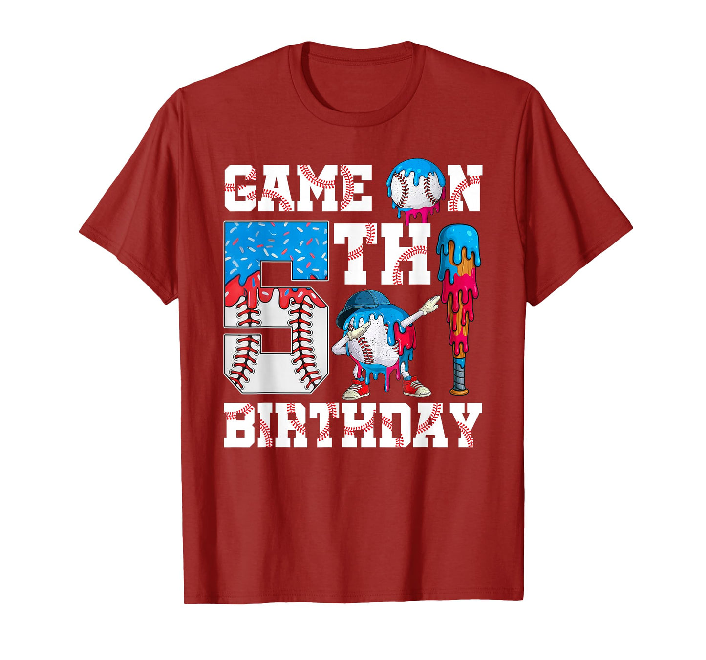 Game On I'm 5th Birthday Baseball Drip Ice Cream 5 Year Old T-Shirt
