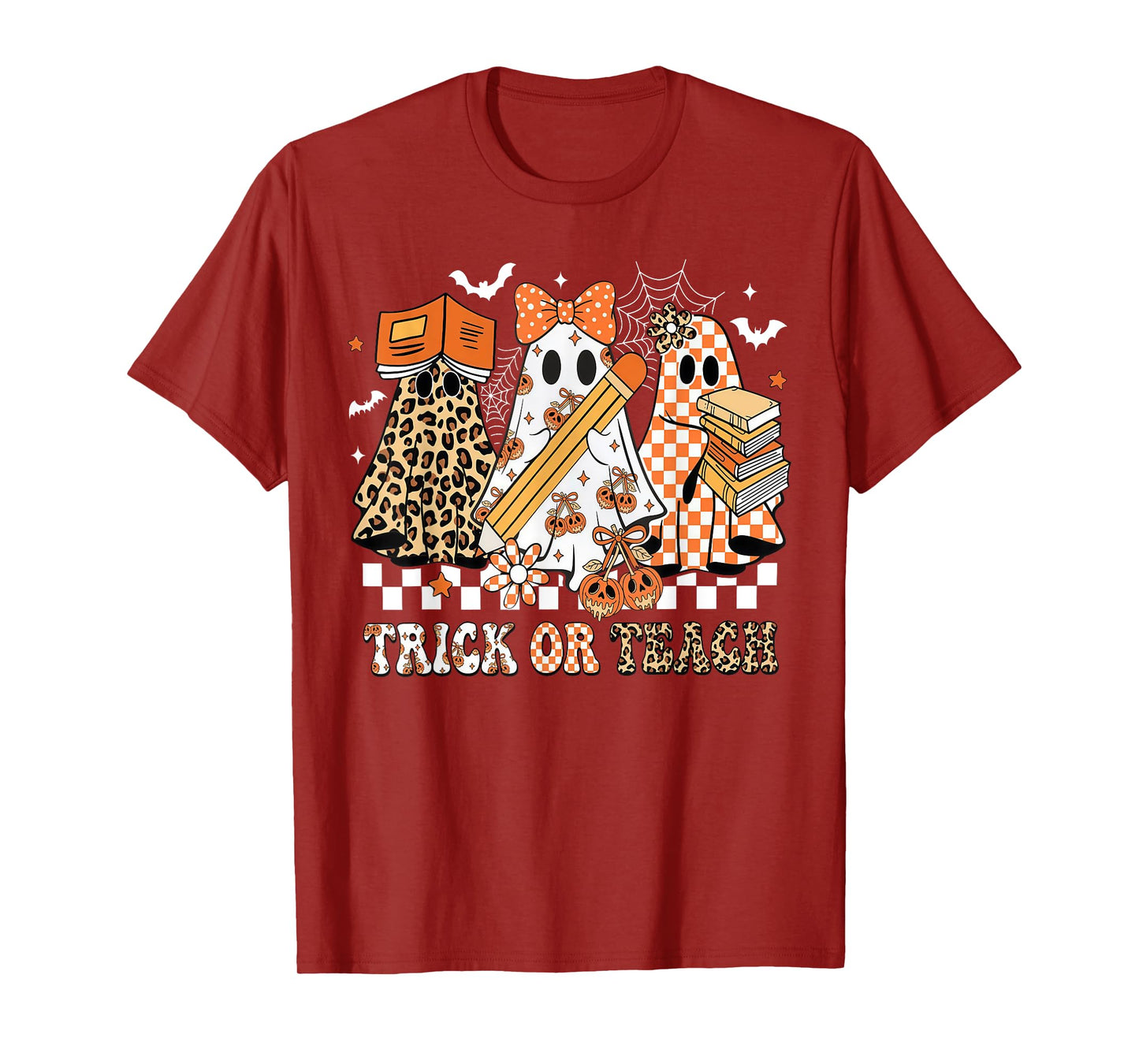 Trick Or Teach Groovy Teacher Halloween Floral Ghost T-Shirt