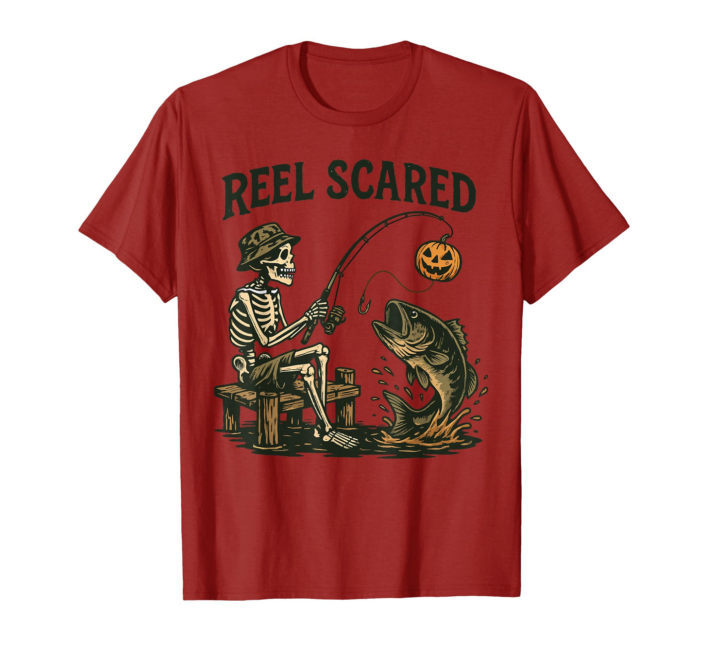 Reel Funny Scared Halloween Fishing Skeleton Pumpkin Bass T-Shirt
